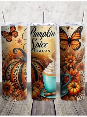 Hand Crafted Pumpkin Spice Tumbler - Orange, Teal, Brown